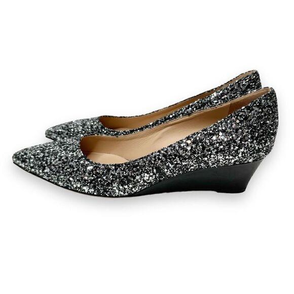 Viajiyu Trento Pointed Toe Pewter Silver Glitter Patent Black Wedge Size 37/6.5 - Picture 2 of 7